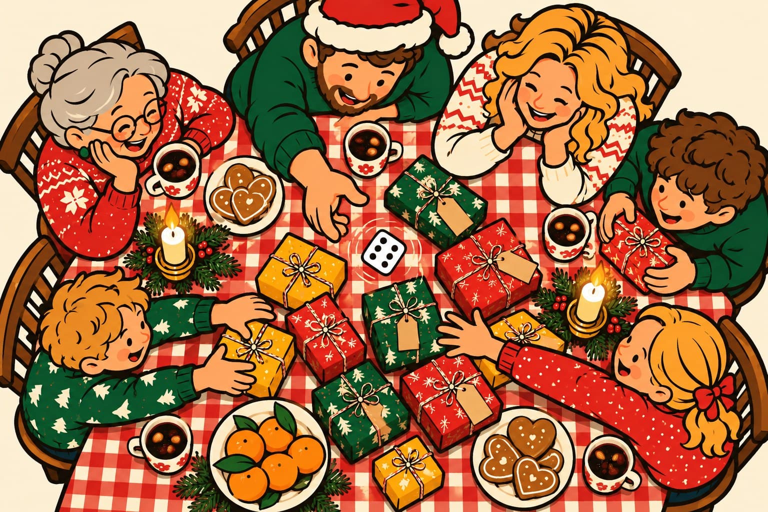 Illustration av en familj runt ett rödrutigt julbord sett ovanifrån, mitt i julklappsspelet. Pappa i tomteluva har just kastat tärningen, farmor och mamma skrattar och barnen sträcker sig efter klapparna.