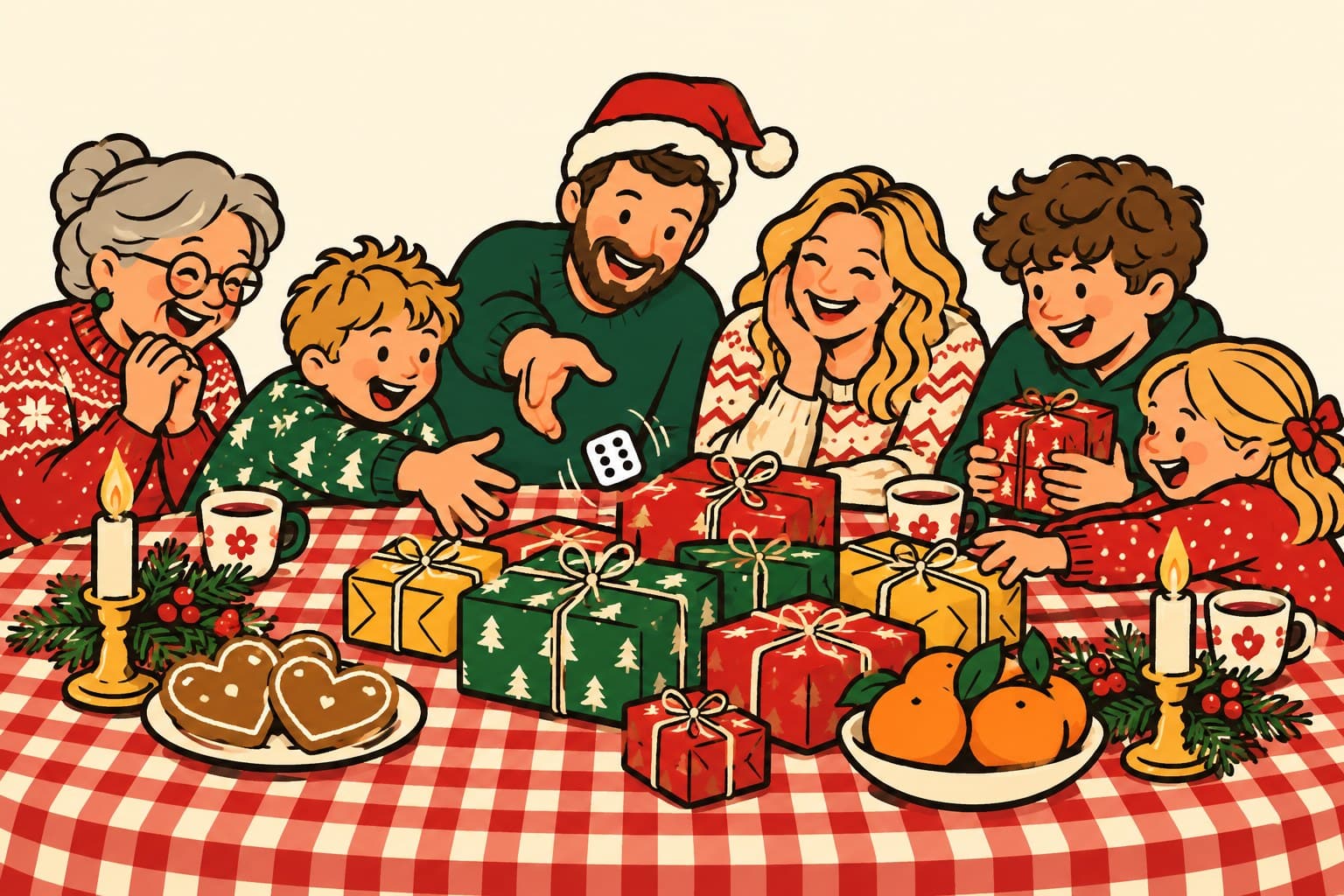 Illustration av en familj som spelar julklappsspelet vid ett dukat julbord. Pappa i tomteluva kastar tärningen medan farmor, mamma och barnen skrattar och håller i klappar.