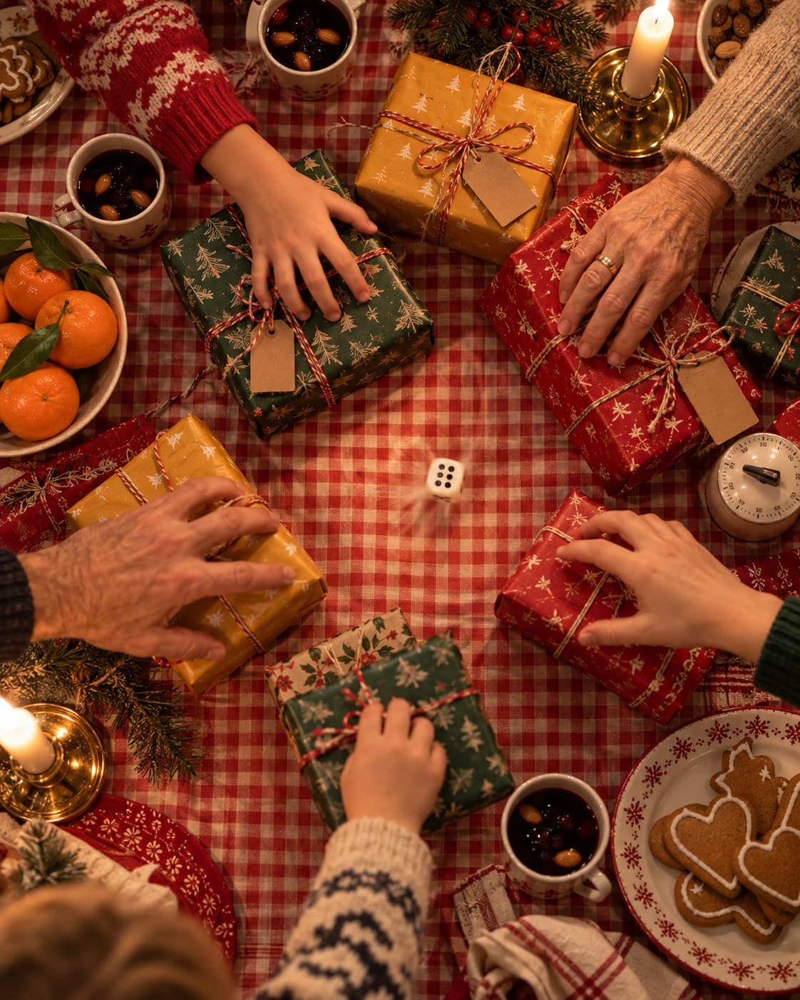 Fem händer från olika generationer håller i inslagna klappar på ett rödrutigt julbord. I mitten landar en tärning på en sexa, runt omkring står levande ljus, glögg, clementiner, pepparkakor och en köksklocka.